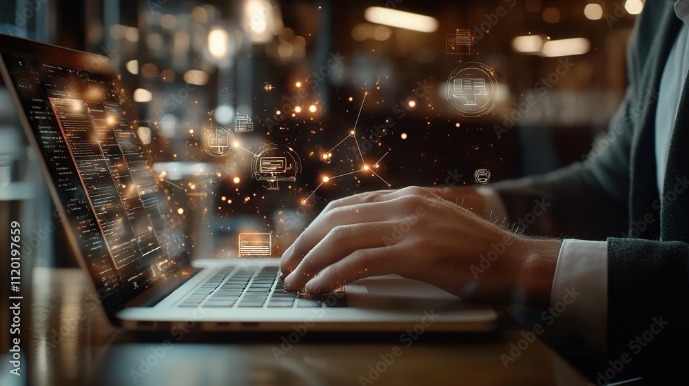 Hands Using Laptop with Big Data Search Concept in Modern Workspace Hands Using Laptop with Big Data Search Concept in Modern Workspace