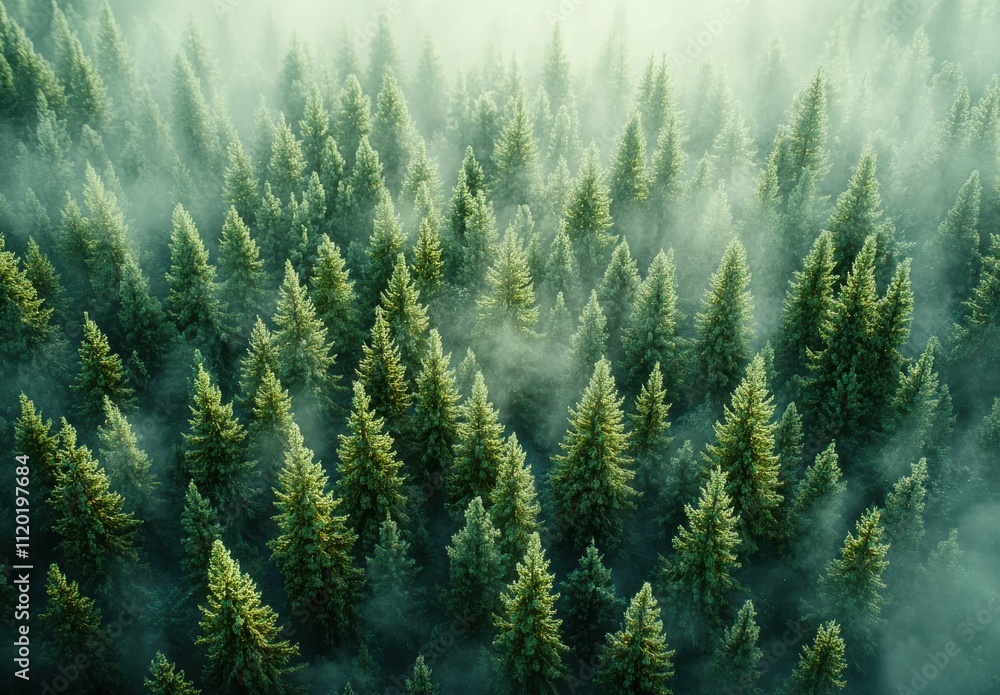 Lush Evergreen Forest in Mystical Fog Captured from Above, Showcasing Nature's Serenity and Beauty in a Peaceful, Tranquil Environment Lush Evergreen Forest in Mystical Fog Captured from Above, Showcasing Nature's Serenity and Beauty in a Peaceful, Tranquil Environment