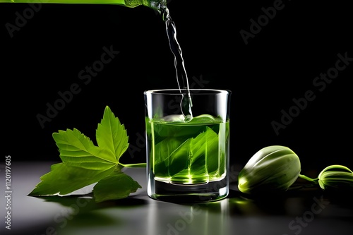 A glass of green juice being poured, showcasing freshness and health benefits.