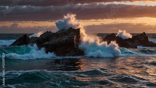  crashing over rocks at sunset. Dark water and stormy sky.