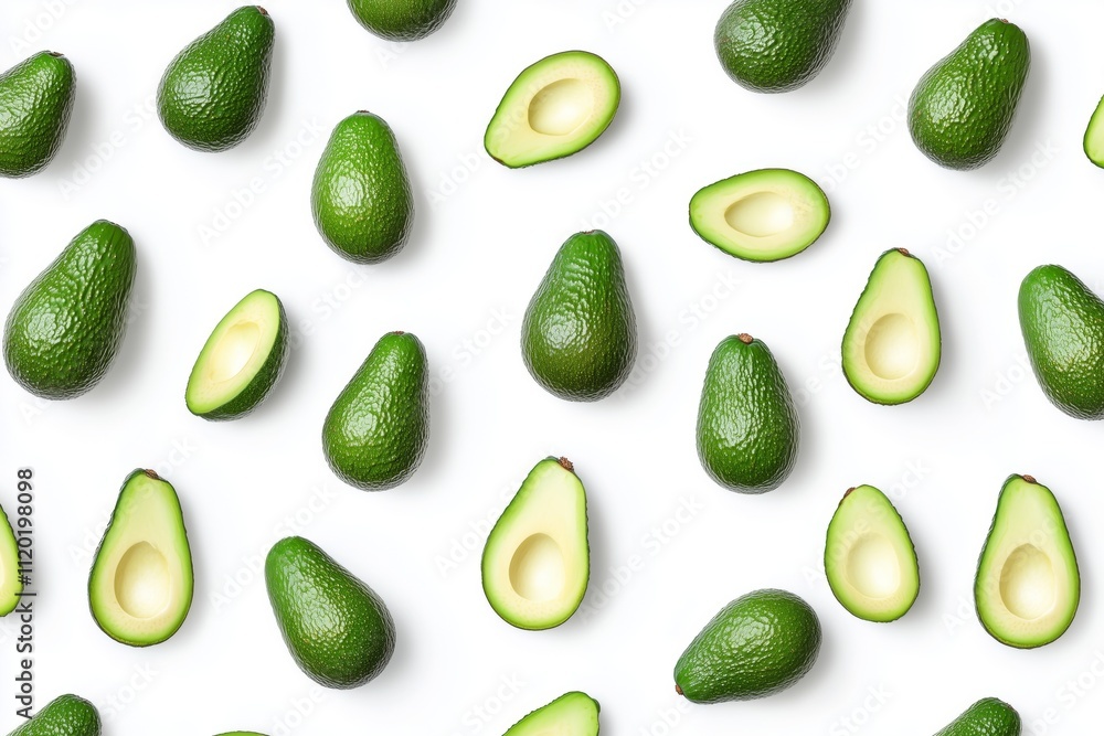 A pattern of cut avocado halves. Chopped pitted avocado. Realistic photography for design, printing on fabric or paper. A pattern of cut avocado halves. Chopped pitted avocado. Realistic photography for design, printing on fabric or paper.