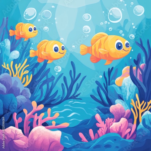 Three Happy Orange Fish Swim in a Vibrant Coral Reef photo