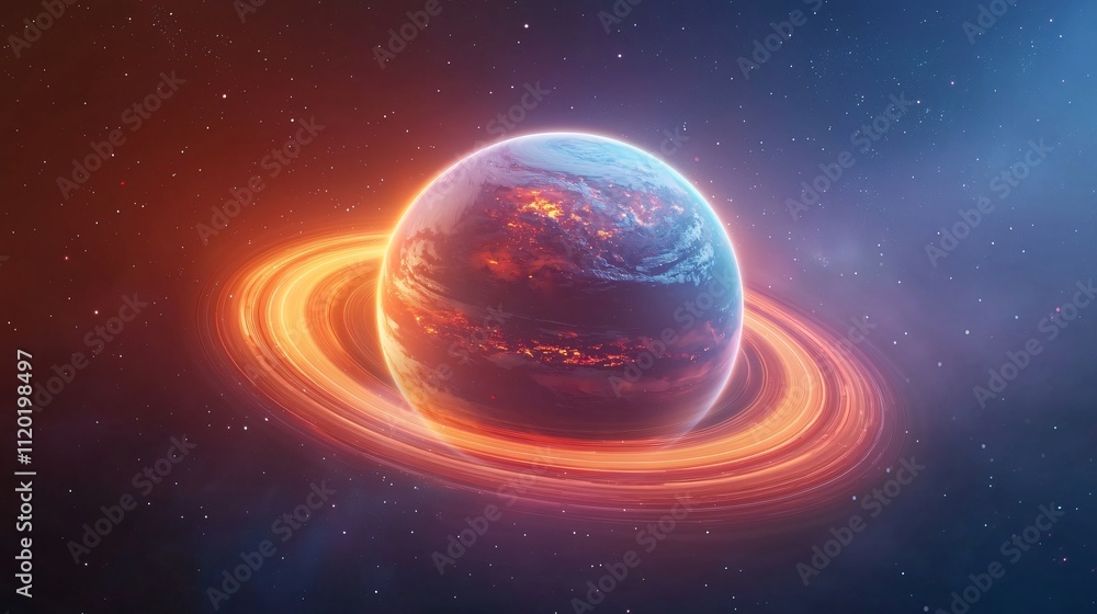 Obraz premium A vivid depiction of a planet surrounded by glowing rings in space.