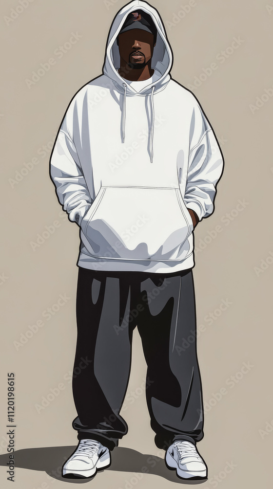 Stylish figure in white hoodie and black sweatpants poses with hands in pockets Stylish figure in white hoodie and black sweatpants poses with hands in pockets