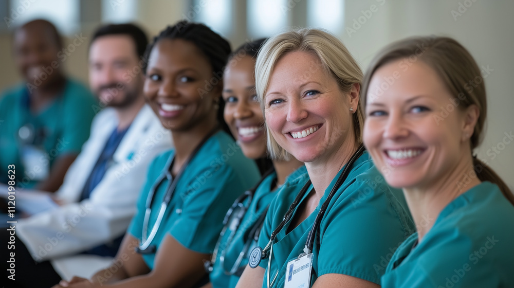 Group of happy nurses and doctors attending a training seminar in a hospital Group of happy nurses and doctors attending a training seminar in a hospital