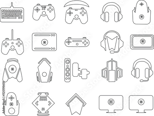 A set of line icons related to video game, e-sports, and gaming. Console, headphone, virtual reality,  computer. Vector outline icons set.