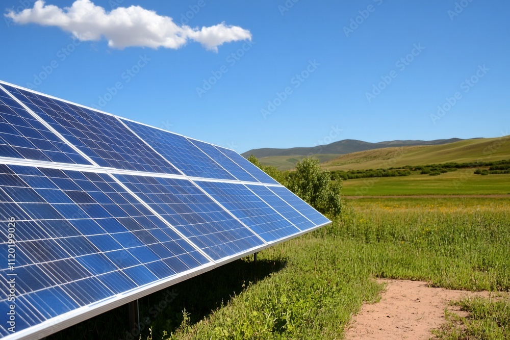 Solar panels in a green landscape under a clear blue sky. Solar panels in a green landscape under a clear blue sky.