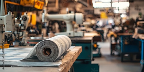 Fabric Roll in a Sewing Workshop - Close-up of Striped Textile