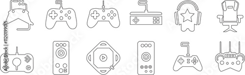 A set of line icons related to video game, e-sports, and gaming. Console, headphone, virtual reality,  computer. Vector outline icons set. photo