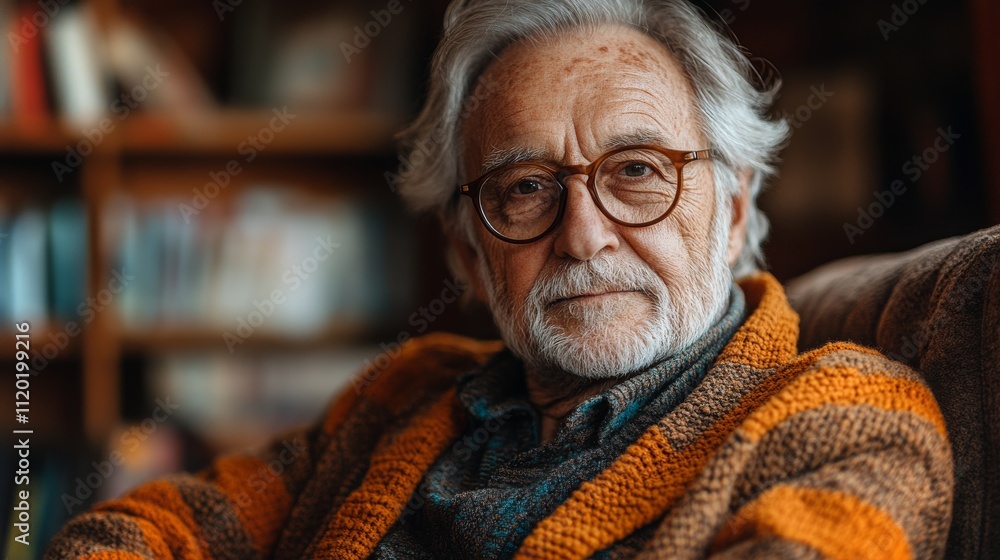Elderly man with glasses sitting comfortably in a cozy reading nook surrounded by books Elderly man with glasses sitting comfortably in a cozy reading nook surrounded by books
