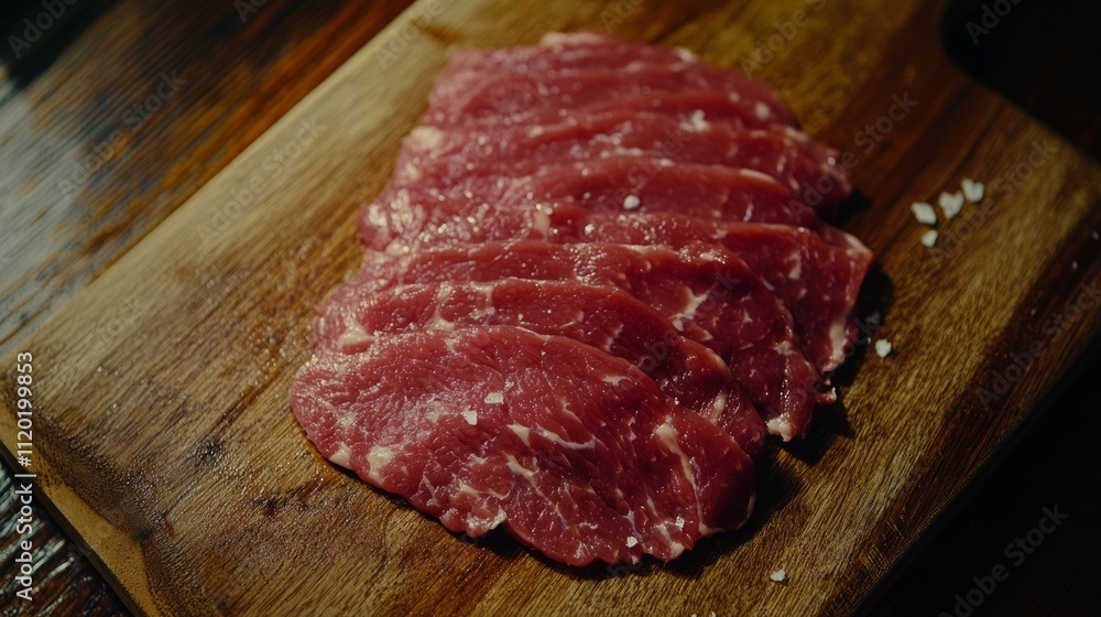 Thinly sliced raw red meat on wooden board. Thinly sliced raw red meat on wooden board.