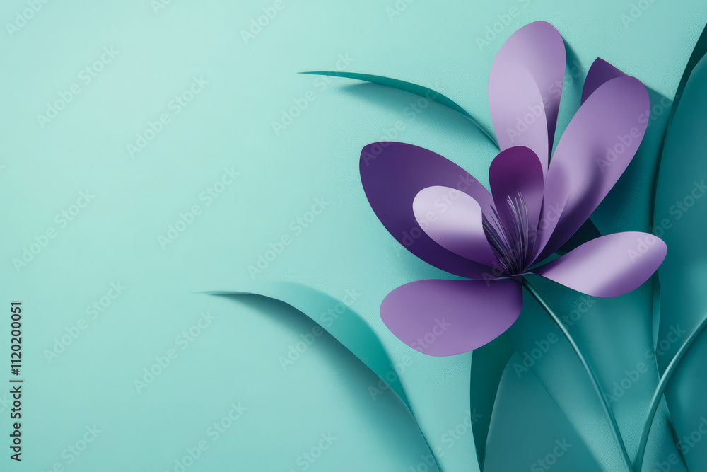 Fototapeta premium Beautiful purple paper flower on a soft blue background with green leaves