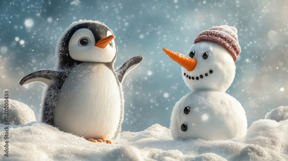 Cheerful penguin and snowman in a snowy winter scene Cheerful penguin and snowman in a snowy winter scene