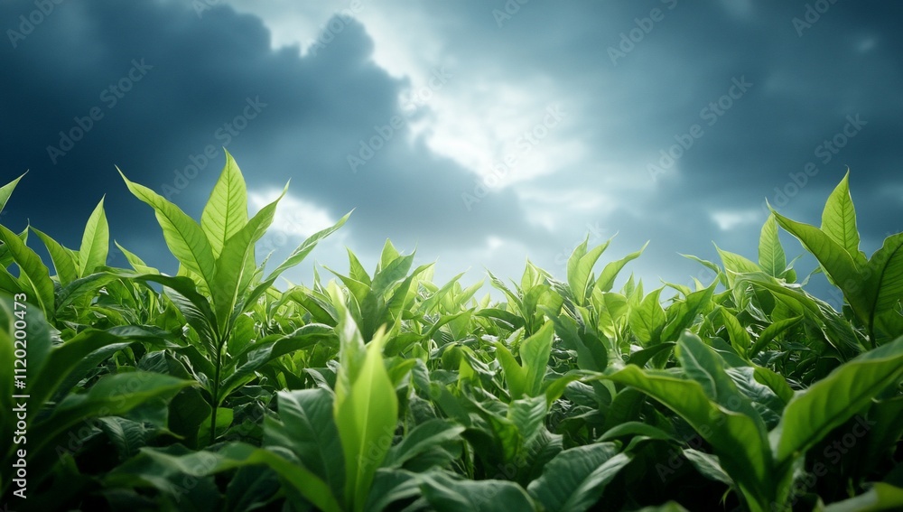 Lush green tea leaves under a dramatic sky. Lush green tea leaves under a dramatic sky.