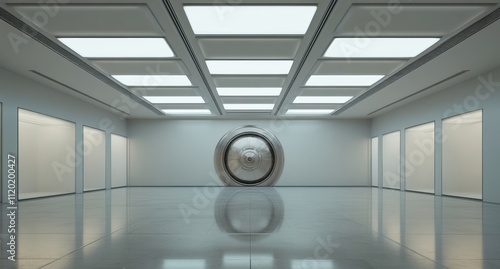 Modern Minimalist Interior of an Art Gallery Featuring a Large Round Sculpture on Display in a Bright  Spacious Environment with Sleek Finishes and Clean Lines