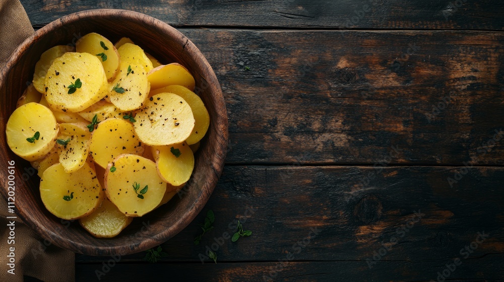 Thinly sliced, seasoned potatoes in a rustic wooden bowl on a dark wooden background. Thinly sliced, seasoned potatoes in a rustic wooden bowl on a dark wooden background.