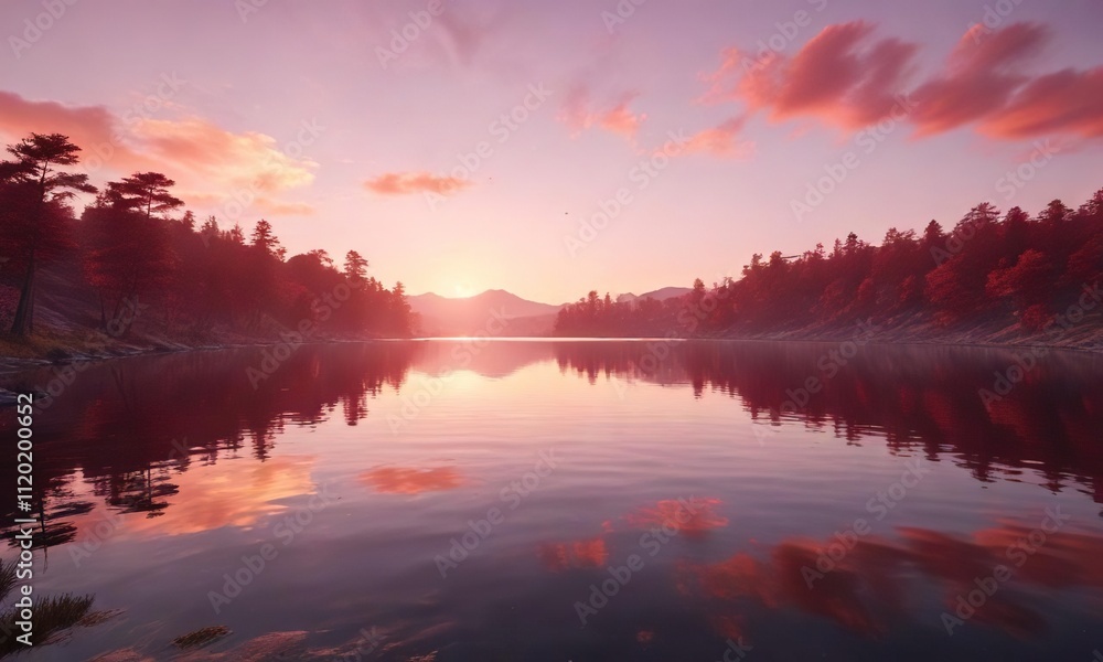 Soft pink and red hues on a sunset over a tranquil lake, peaceful water, serene atmosphere, lake scenery Soft pink and red hues on a sunset over a tranquil lake, peaceful water, serene atmosphere, lake scenery