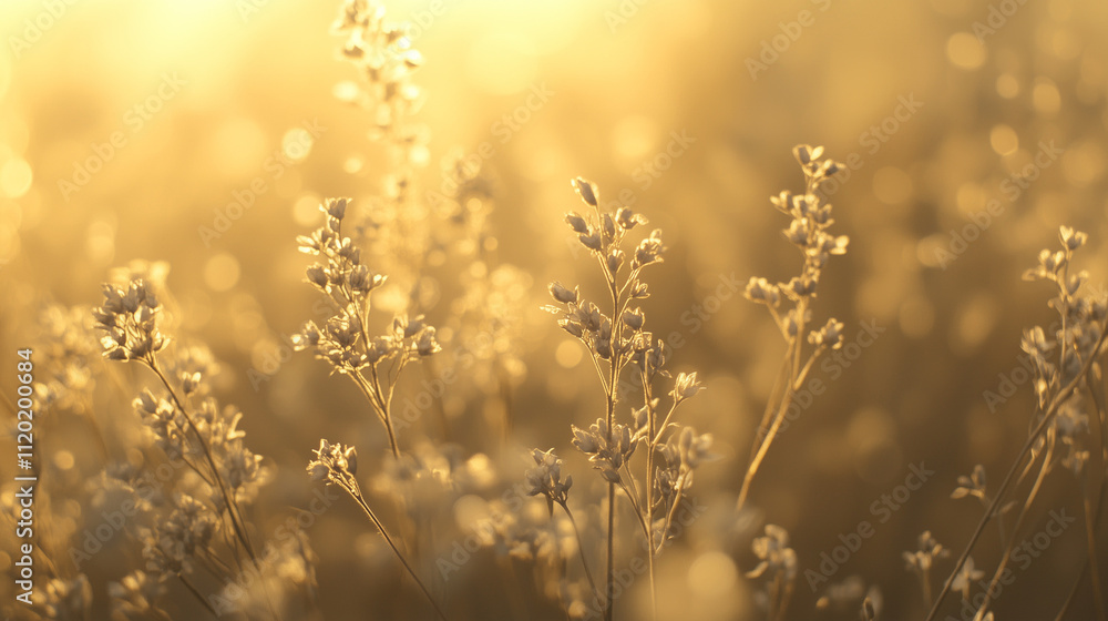 Golden wildflowers in soft sunlight with dreamy bokeh Golden wildflowers in soft sunlight with dreamy bokeh