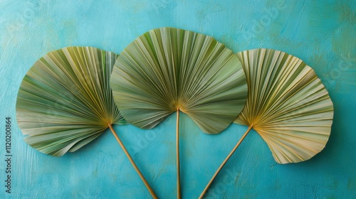 Bright green leaves fan out elegantly against a vivid blue backdrop  creating a striking contrast that highlights their intricate textures and natural beauty