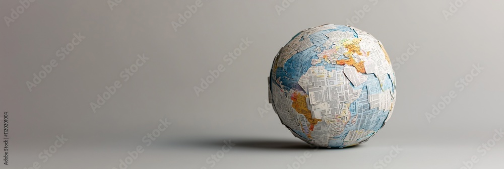 A globe sculpture made of layered newspaper pieces on a light grey background A globe sculpture made of layered newspaper pieces on a light grey background