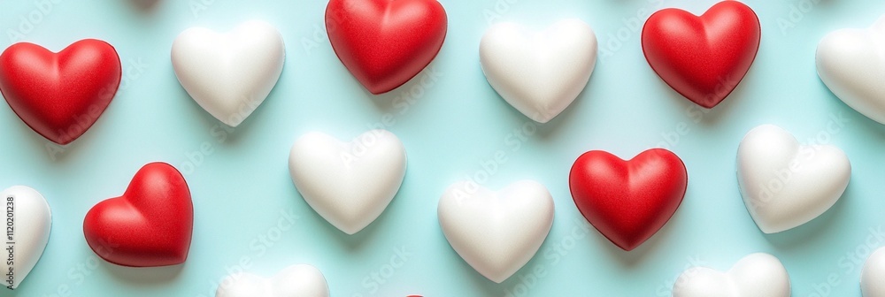 Red and white heart-shaped objects are arranged diagonally on a pastel blue background, creating a colorful and romantic pattern. The simplicity and charm make it ideal for themed projects. Red and white heart-shaped objects are arranged diagonally on a pastel blue background, creating a colorful and romantic pattern. The simplicity and charm make it ideal for themed projects.