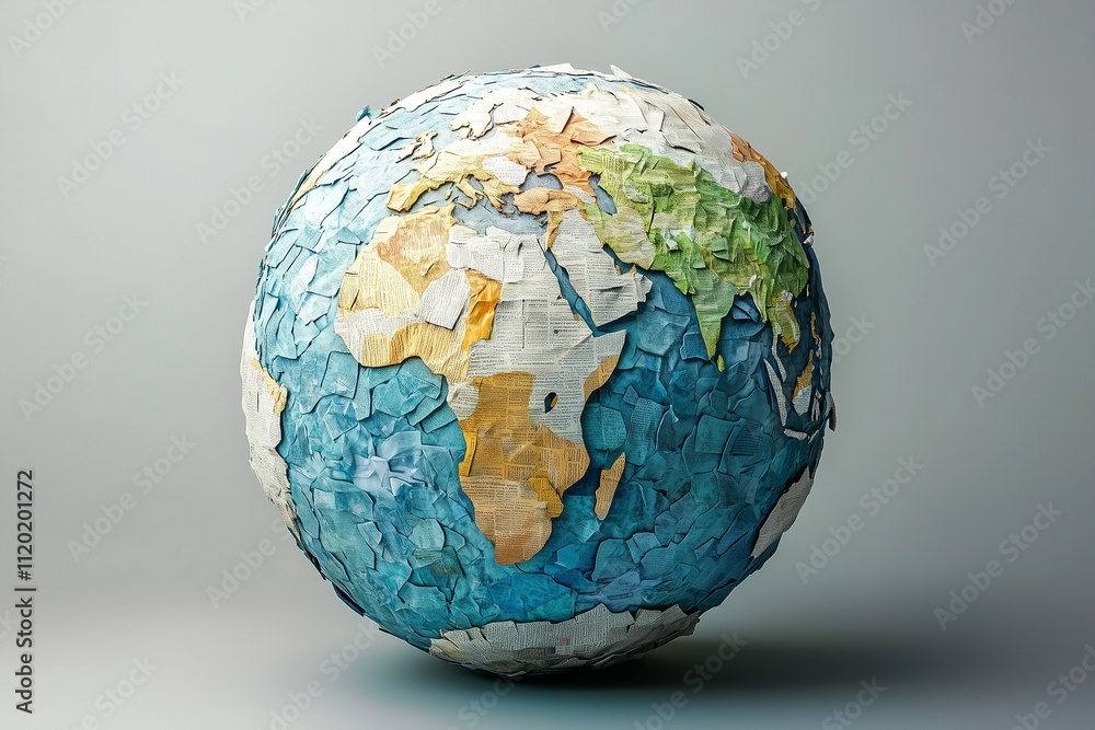 A colorful globe made from newspaper pieces, showcasing continents in shades of blue, green, and yellow on a light background A colorful globe made from newspaper pieces, showcasing continents in shades of blue, green, and yellow on a light background