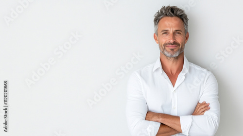 A happy man with gray hair stands confidently against a plain white backdrop. He crosses his arms and smiles, exuding positivity and self-assurance in a relaxed atmosphere