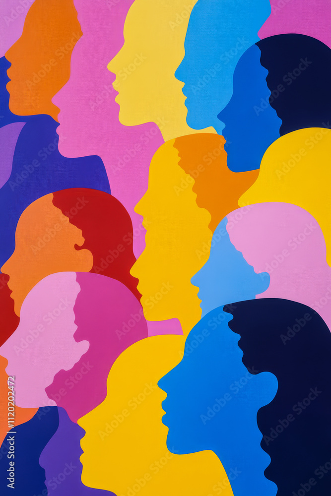 Colorful silhouettes of diverse profiles in an abstract arrangement showcasing unity Colorful silhouettes of diverse profiles in an abstract arrangement showcasing unity