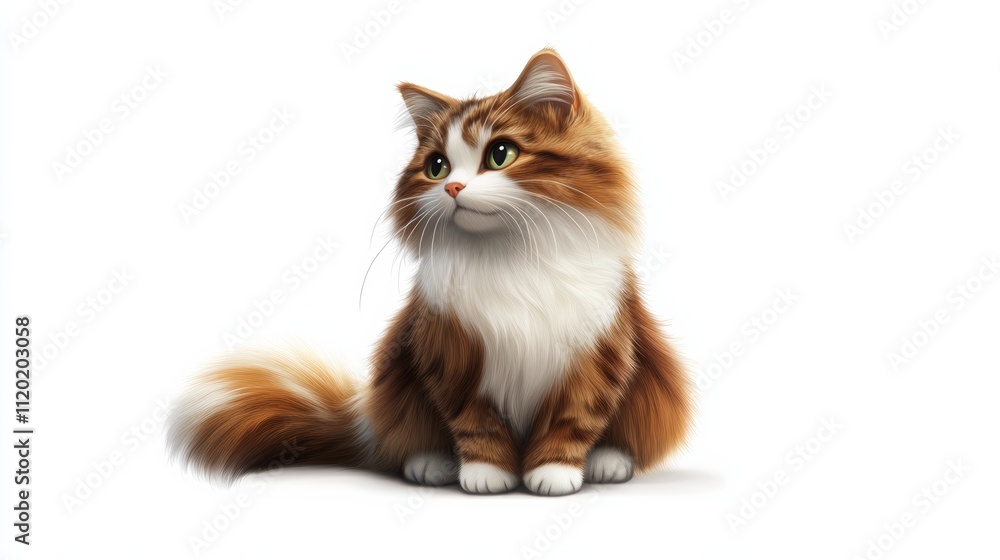 3D icon of an American Longhair cat sitting with tail wrapped around its paws, soft fur in various hues of brown, isolated on white 3D icon of an American Longhair cat sitting with tail wrapped around its paws, soft fur in various hues of brown, isolated on white