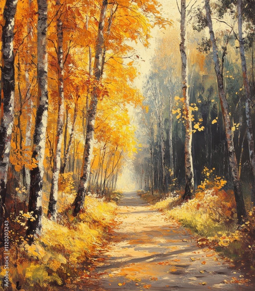 Obraz premium Serene Autumn Pathway Surrounded by Vibrant Orange and Yellow Leaves in a Dense Forest Evoking a Peaceful Outdoor Experience in Nature