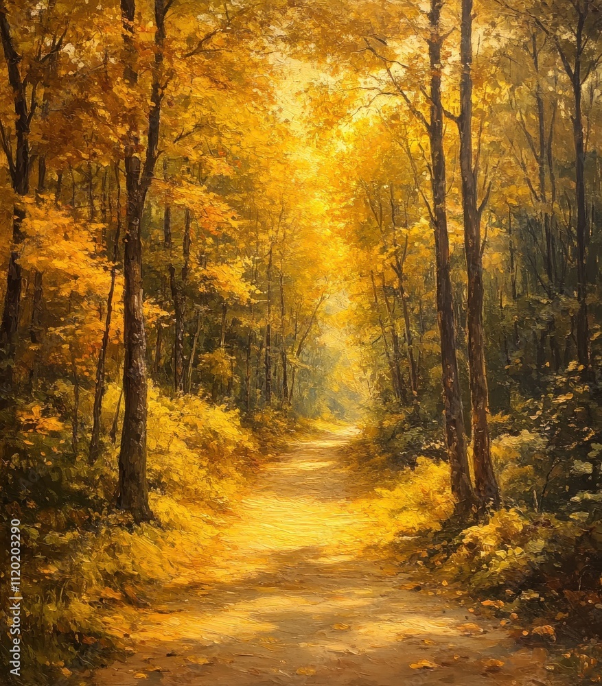 Obraz premium Serene Autumn Pathway Through Vibrant Golden Foliage Illuminated by Soft Sunlight in a Tranquil Forest Setting Perfect for Nature Lovers and Photography Enthusiasts