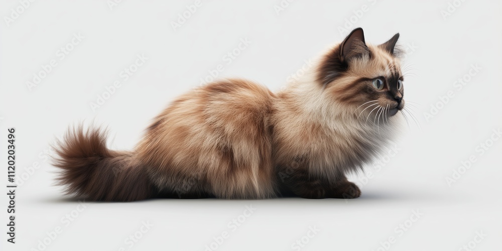 Obraz premium 3D icon of an American Longhair cat with a fluffy tail, looking sideward, fur in shades of light and dark brown, placed on a white background