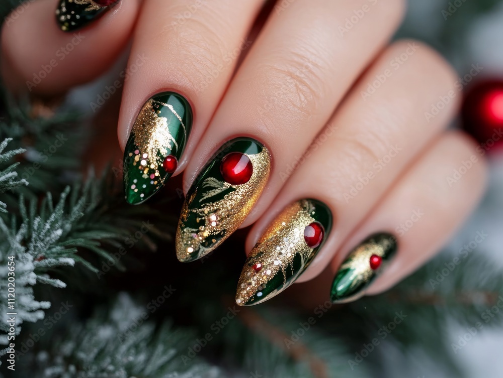 Nails with Gold Polish Adorned with Red and Green Garland Nails with Gold Polish Adorned with Red and Green Garland