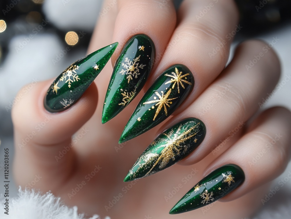 Nails with Green Polish Adorned with Golden Snowflakes Nails with Green Polish Adorned with Golden Snowflakes