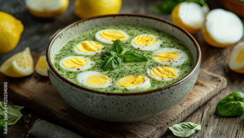 vibrant green sauce made with boiled eggs, served in a rustic ceramic bowl