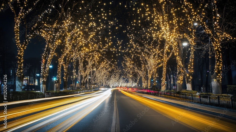 Magical Night with Glowing Lights and Traffic on City Street Magical Night with Glowing Lights and Traffic on City Street