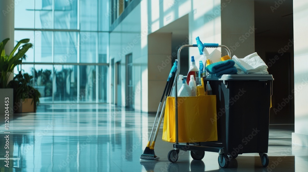 Janitorial Cart in a Modern Lobby Janitorial Cart in a Modern Lobby