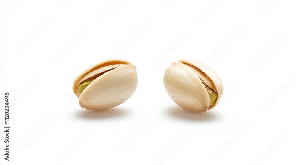 Two shelled pistachios isolated on white background. Two shelled pistachios isolated on white background.