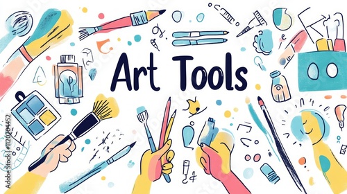 Colorful illustration of various art supplies including paintbrushes, pencils, and palettes.