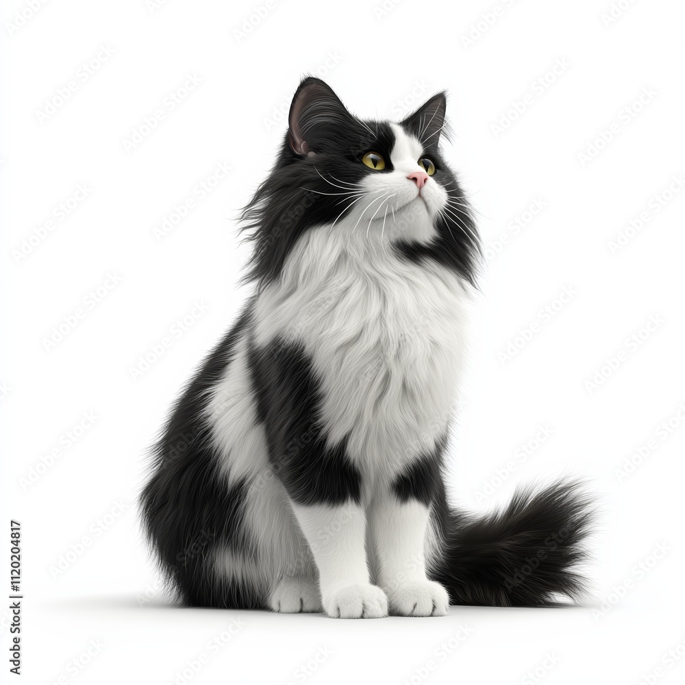 3D icon of an American Longhair cat with various shades of black, white, and gray fur, sitting in a relaxed position, isolated on white background 3D icon of an American Longhair cat with various shades of black, white, and gray fur, sitting in a relaxed position, isolated on white background