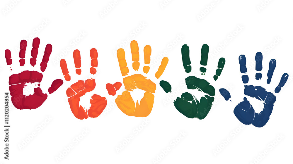 Fototapeta premium a series of vibrant hand prints on a white background, each painted differently. Red, orange, yellow, green, blue, indigo, and violet are the many colors of each single hand print.