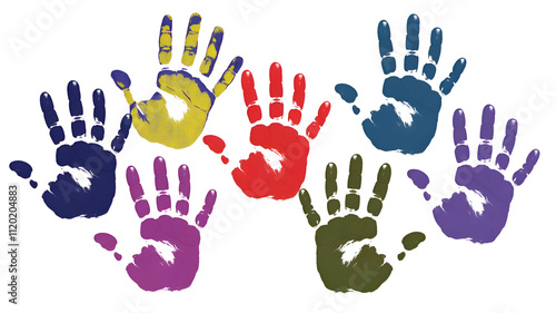 a series of vibrant hand prints on a white background, each painted differently. Red, orange, yellow, green, blue, indigo, and violet are the many colors of each single hand print.