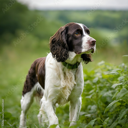 Portrait of an English Sp ringer Spaniel in a field covered in greenery with a blurry background