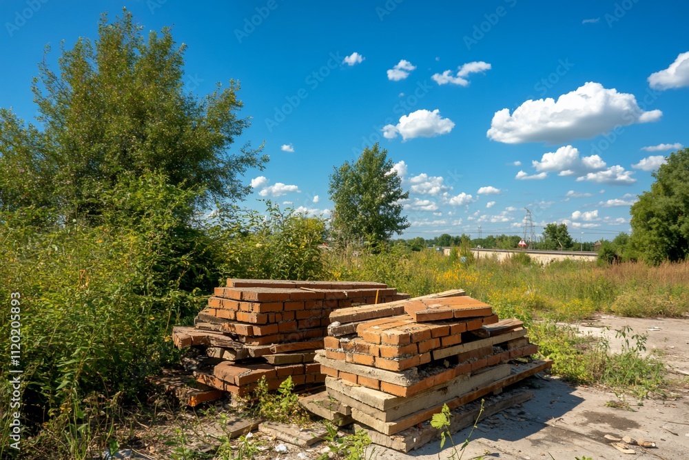 A stack of bricks and wooden pallets in a grassy, open area. A stack of bricks and wooden pallets in a grassy, open area.