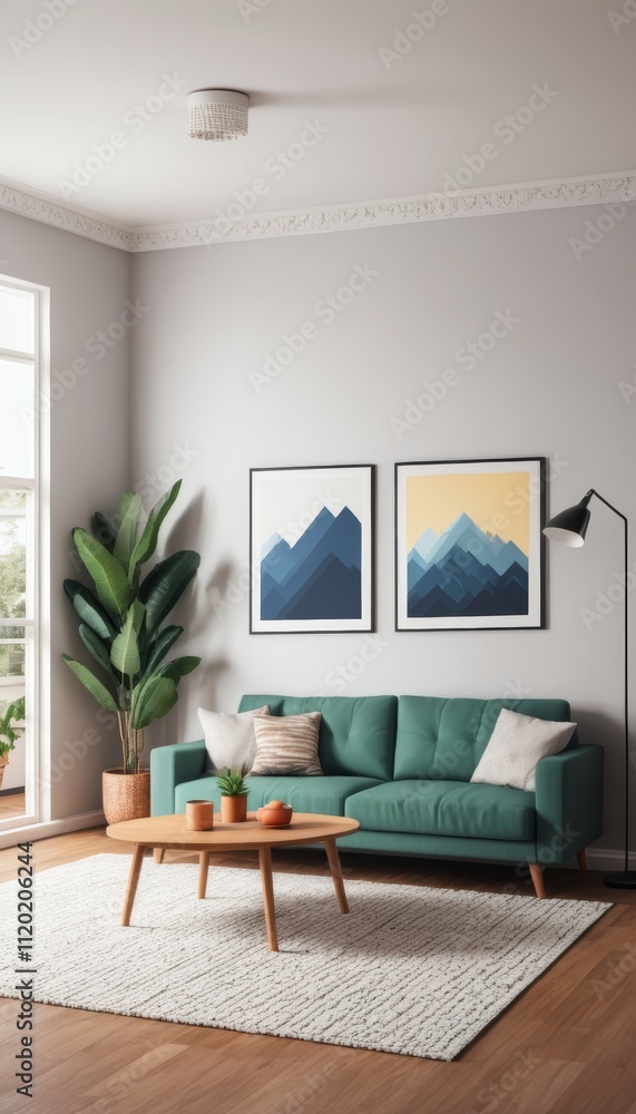 Fototapeta premium a living room decorated with a Christmas theme with a large space, tables and sofas