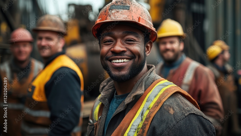 Smiling construction worker in safety gear stands proudly among team members on a job site, showcasing teamwork and camaraderie in the construction industry. Smiling construction worker in safety gear stands proudly among team members on a job site, showcasing teamwork and camaraderie in the construction industry.