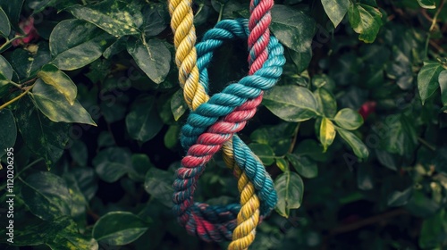 Colorful Twisted Rope Hanging Among Green Leaves in Nature photo