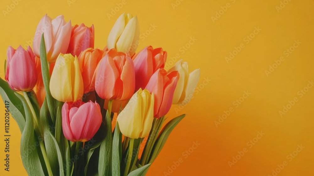 A vibrant arrangement of tulips in various colors including pink, orange, and yellow stands tall against a bright yellow backdrop, showcasing nature's beauty and elegance A vibrant arrangement of tulips in various colors including pink, orange, and yellow stands tall against a bright yellow backdrop, showcasing nature's beauty and elegance