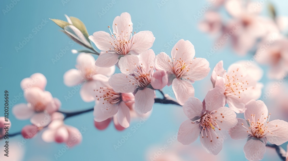 Delicate pink cherry blossoms on a branch against a bright blue sky. Delicate pink cherry blossoms on a branch against a bright blue sky.