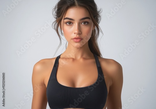 Stylish young woman in a black sports bra striking a confident pose against a neutral background, showcasing fitness and strength with natural beauty and elegance.